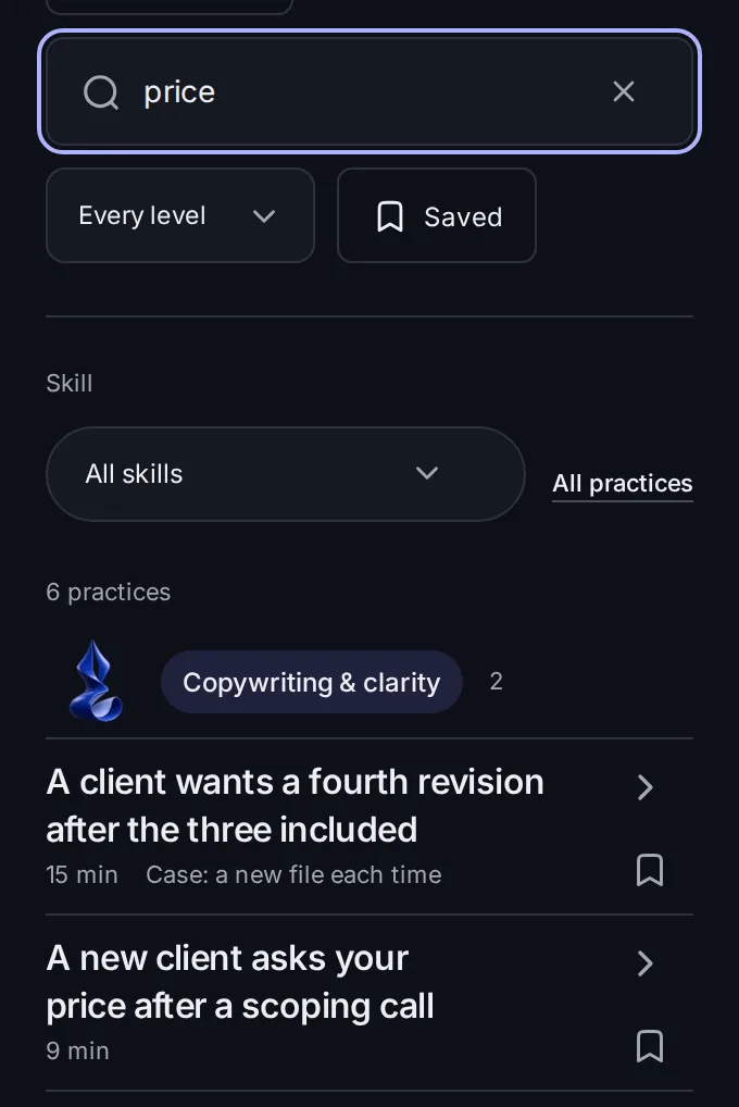 The practice library’s search box and its first free practice, with a Free tag and its minutes.