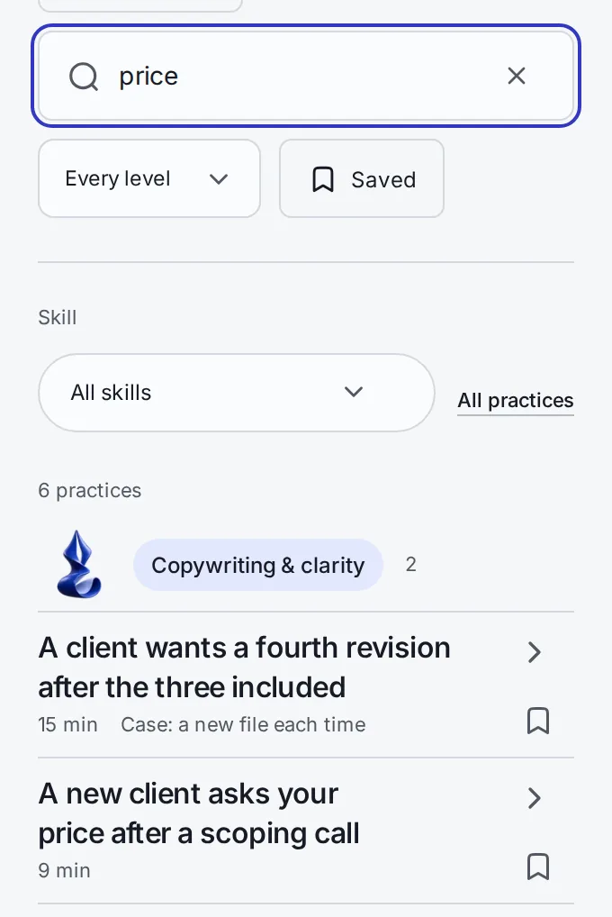 The practice library’s search box and its first free practice, with a Free tag and its minutes.
