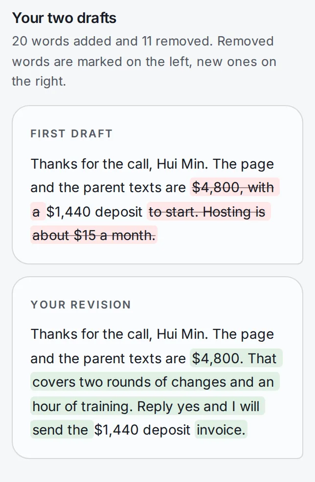 The first draft and the revision side by side, with removed words marked on one and added words on the other.
