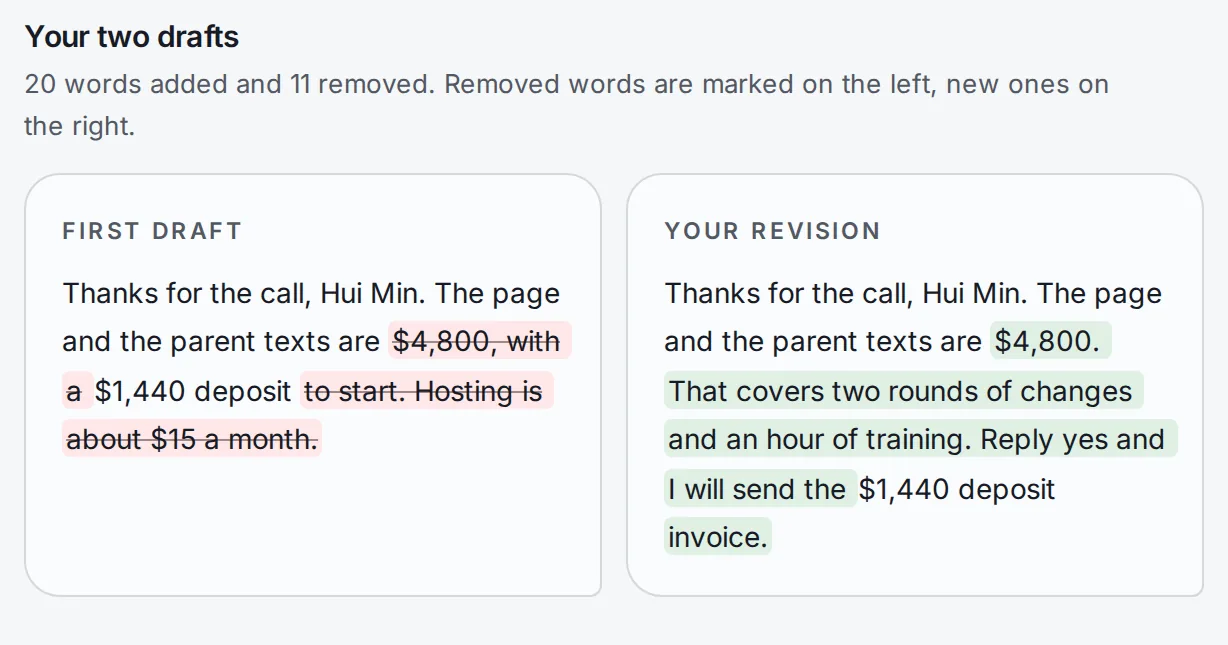 The first draft and the revision side by side, with removed words marked on one and added words on the other.