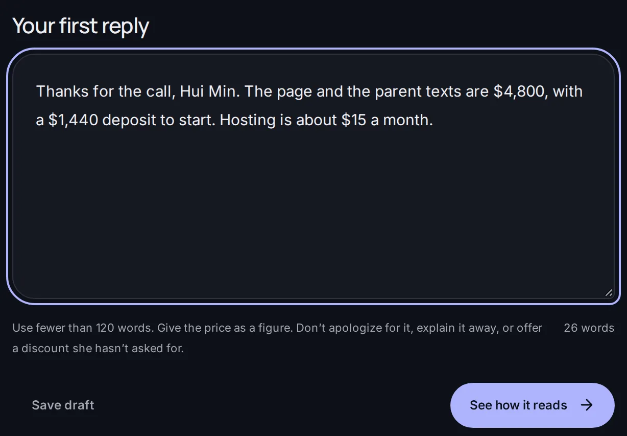 The reply box holding a typed first reply to Maya, with a See how it reads button.