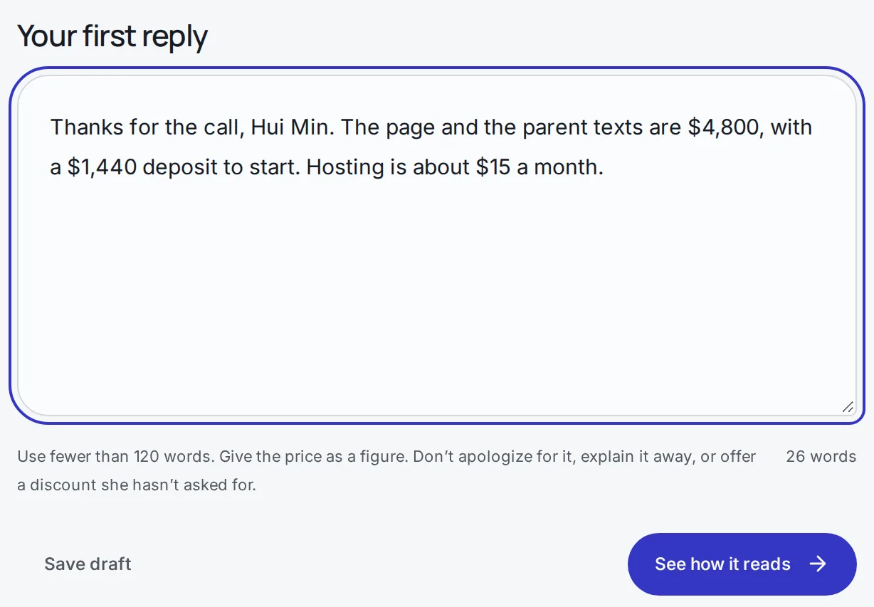 The reply box holding a typed first reply to Maya, with a See how it reads button.