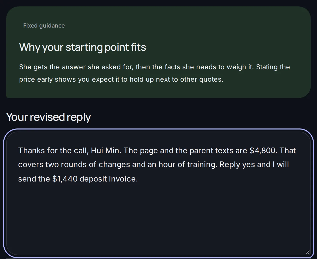 The guidance on why the starting point fits, above a box holding the draft to revise.