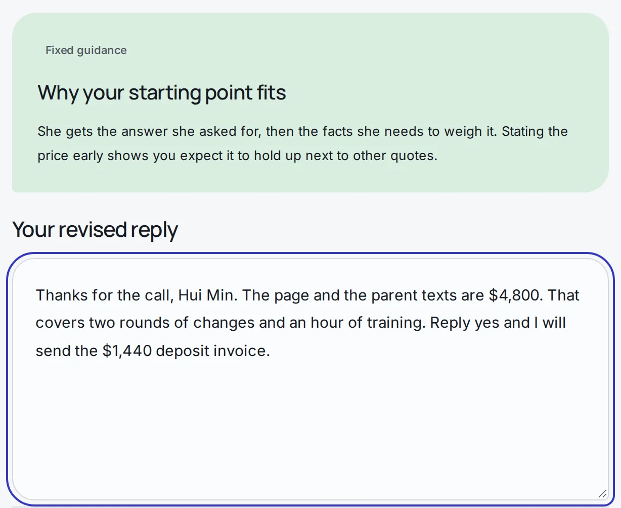 The guidance on why the starting point fits, above a box holding the draft to revise.