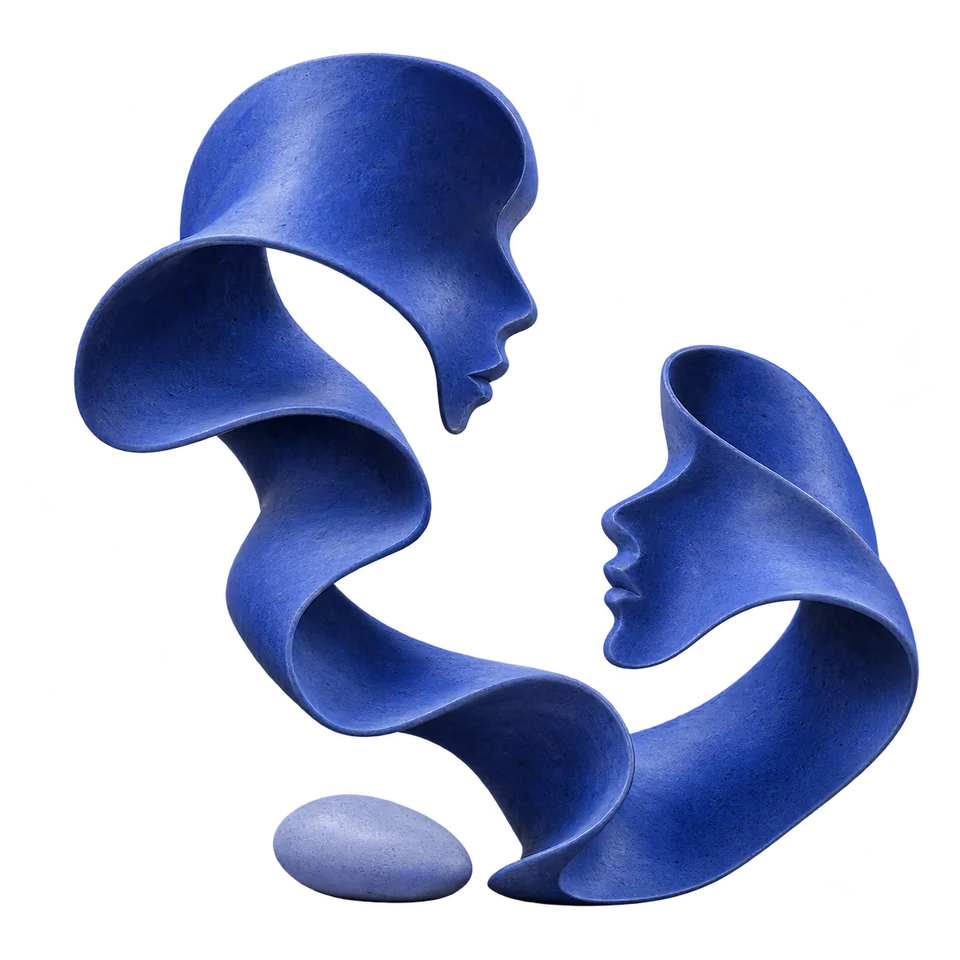 A flowing blue sculpture forming two human profiles facing one another